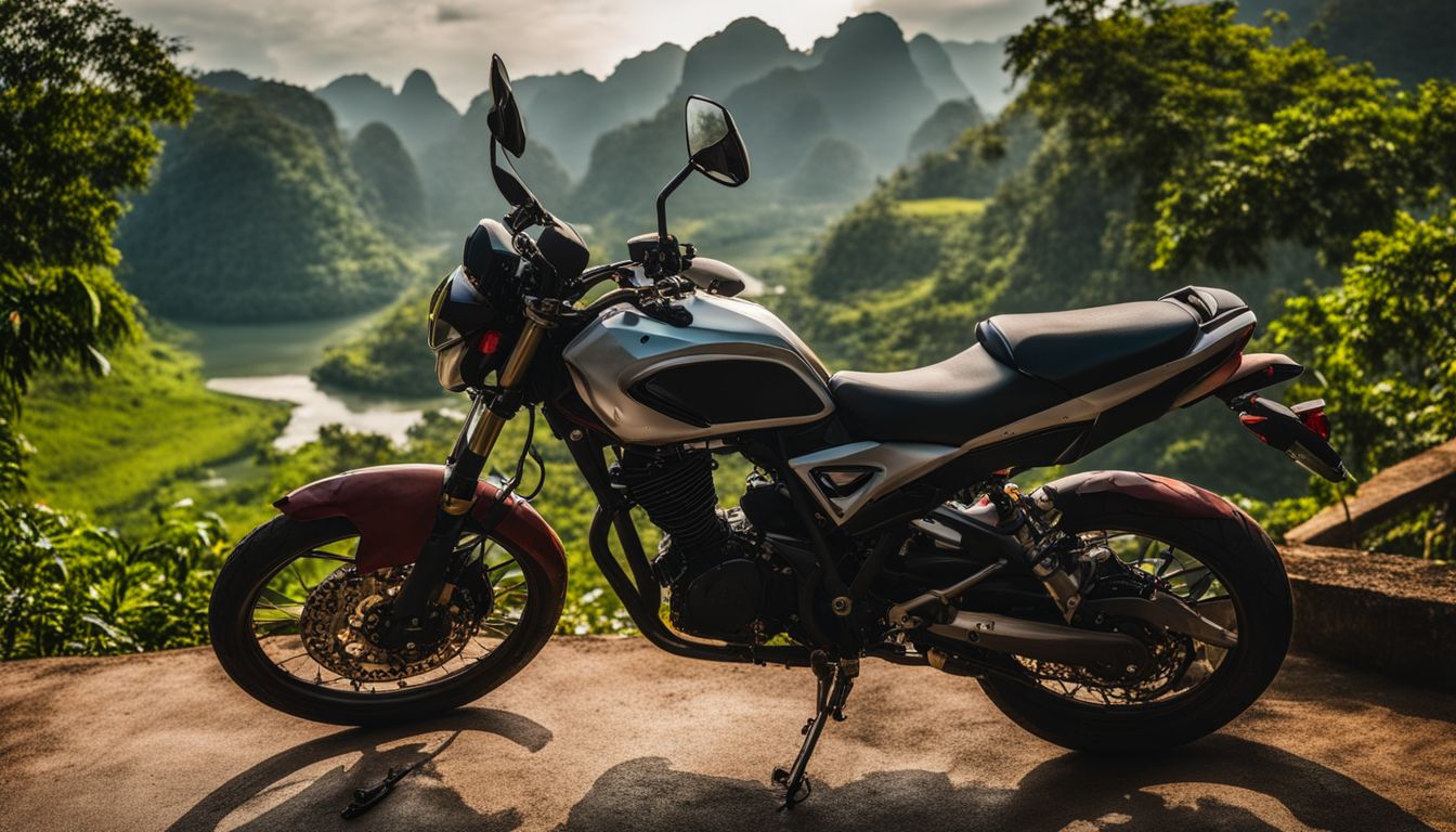 A motorbike parked on a scenic overlook, providing a breathtaking view of Phong Nha's lush landscapes.