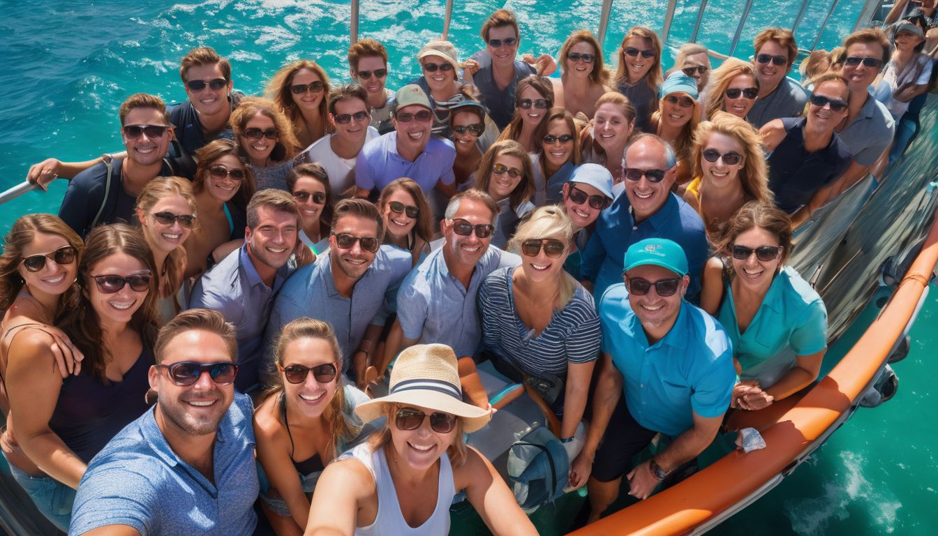A group of diverse tourists smiling on a crowded ferry in turquoise waters with a bustling atmosphere.
