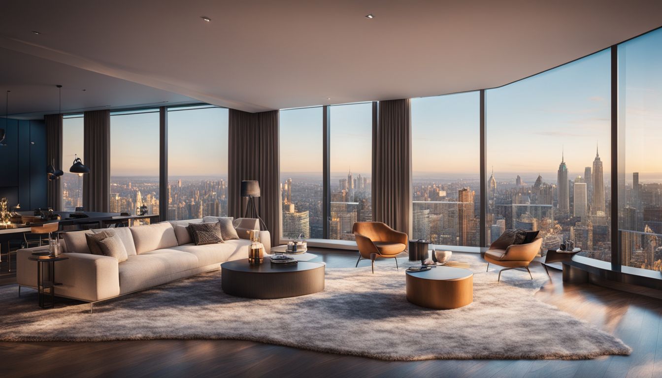 A spacious and modern living room with floor-to-ceiling windows overlooking a city skyline.