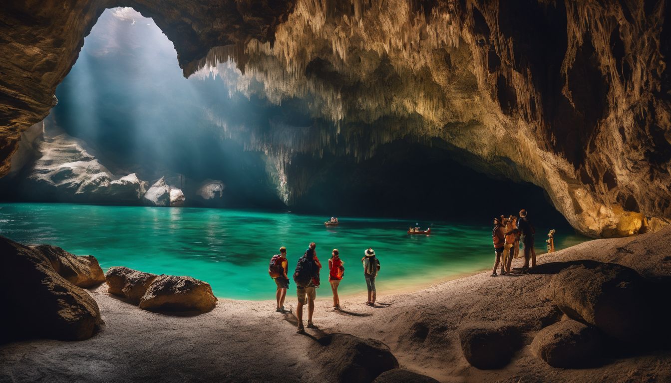 A group of tourists exploring the stunning formations inside En Cave, captured in high-quality photography.