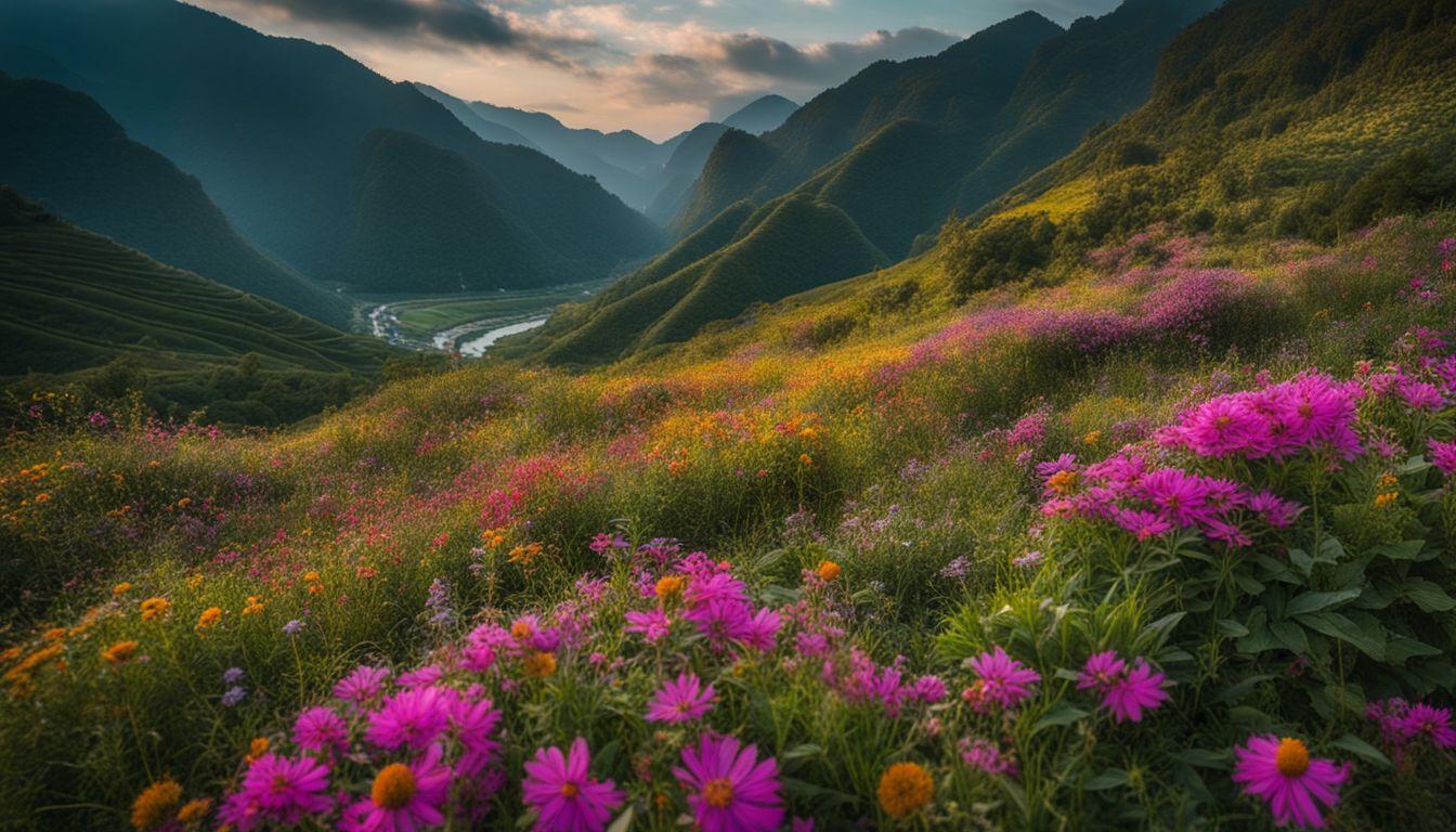 A vibrant mountain landscape in Vietnam with colorful wildflowers and a bustling atmosphere.