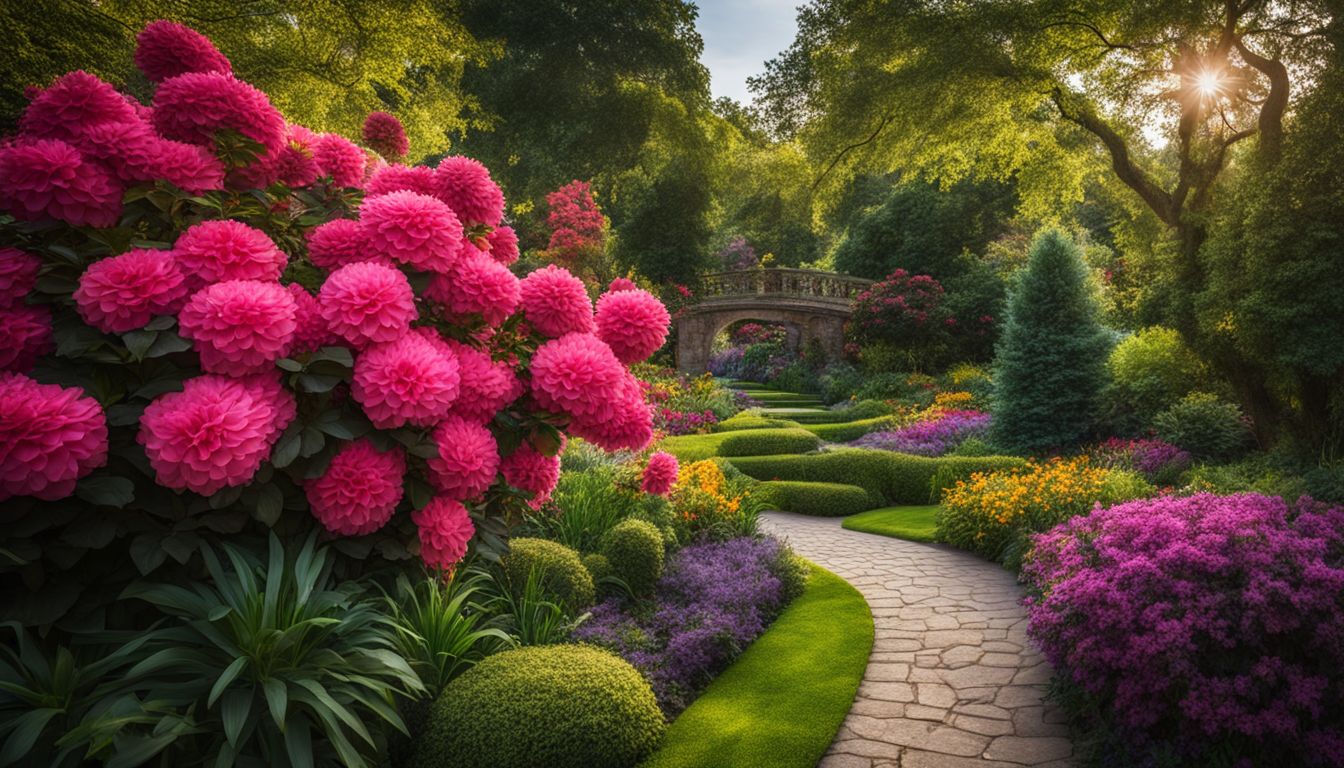 A photo of beautifully landscaped gardens with colorful flowers and lush greenery in a bustling atmosphere.