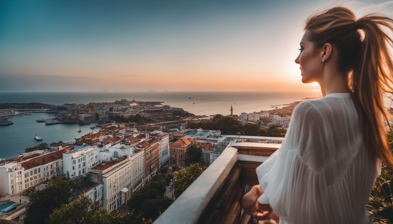 A woman enjoying the view from a rooftop garden overlooking the sea with a bustling cityscape.