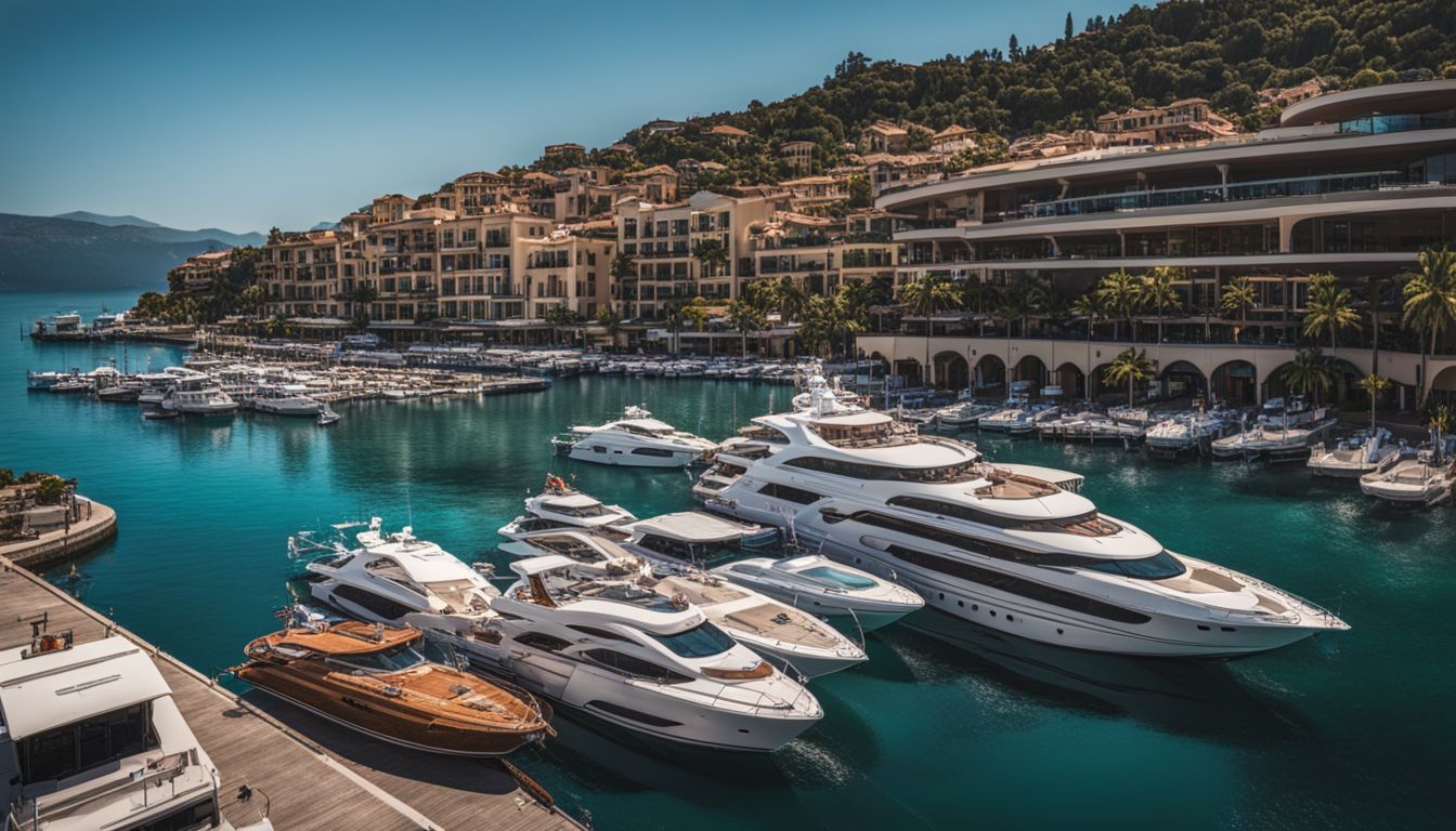 The photo showcases a lively marina filled with boats against a backdrop of clear water and a bustling atmosphere.