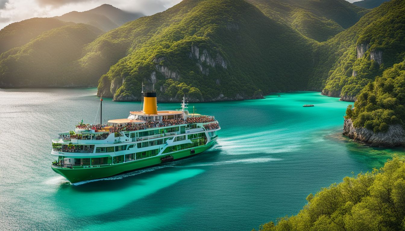 A colorful ferry sails across turquoise waters with lush green islands in the background.