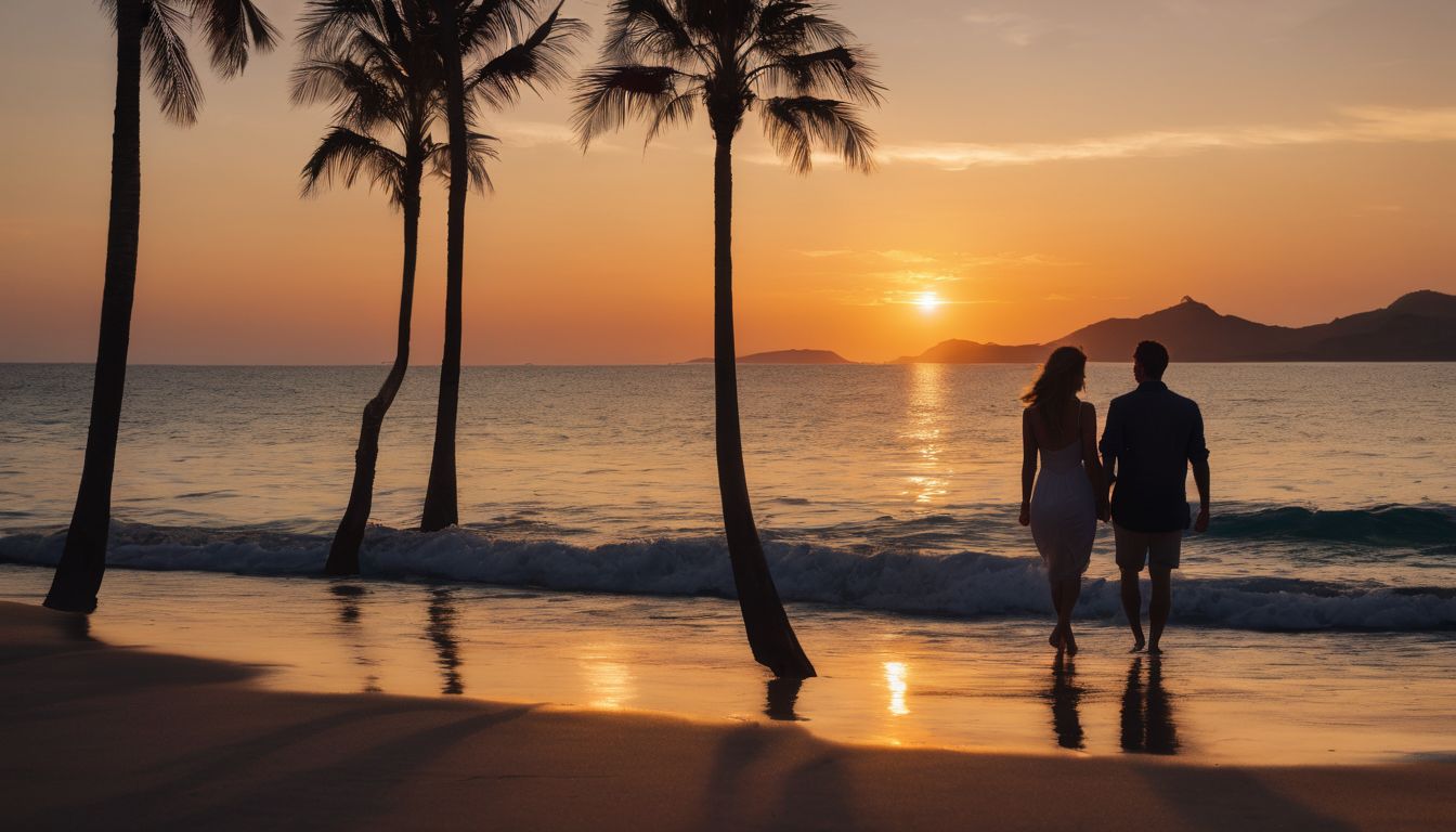 A stunning sunset over the ocean with palm trees and a couple enjoying the view.