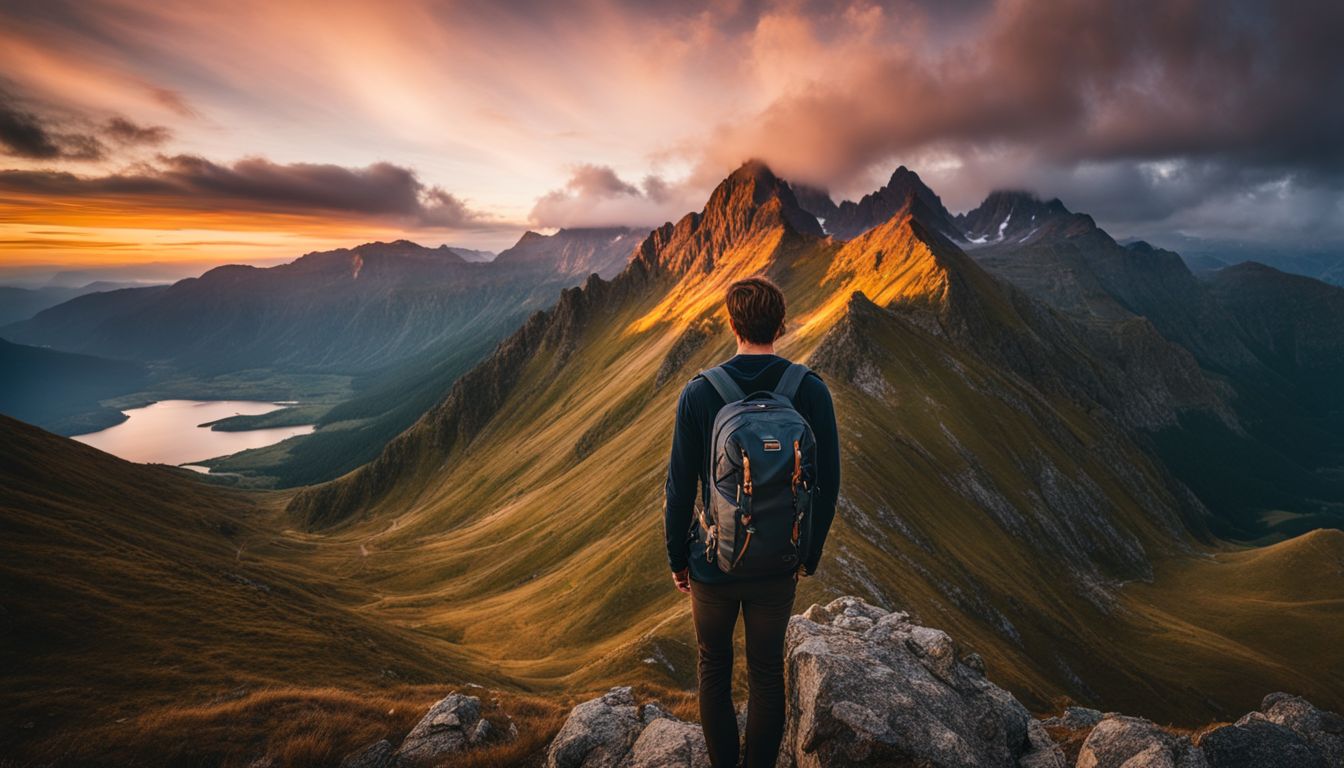 A traveler enjoying a breathtaking sunset on a mountaintop, capturing the beauty of nature with a backpack.