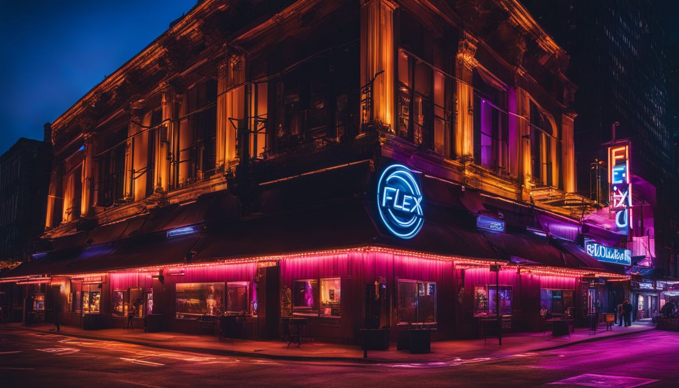 A vibrant nightclub exterior with neon lights and a bustling atmosphere captured in a high-resolution photograph.