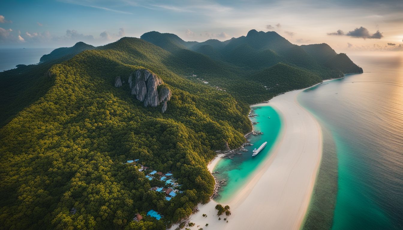 An aerial photo of an airplane flying over the picturesque coastline of Koh Tao.