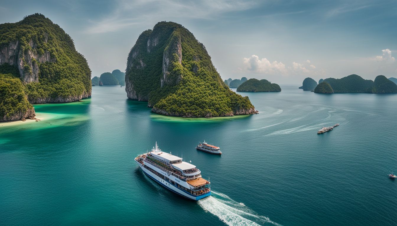Aerial view of a ferry sailing over the crystal clear waters of the Gulf of Thailand with diverse passengers.