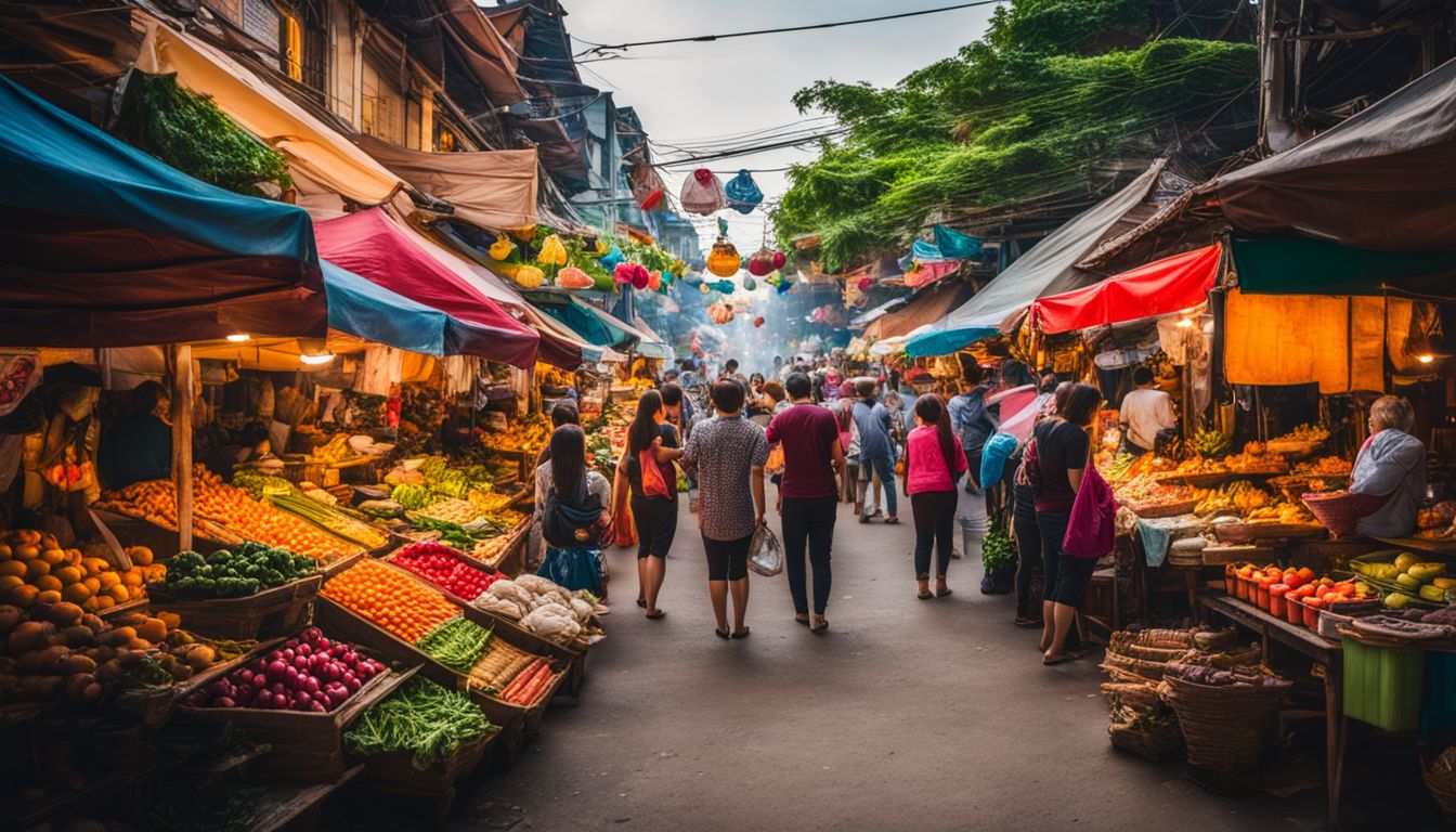 A vibrant Thai market street filled with colorful stalls and local produce, capturing the bustling atmosphere and diverse faces.