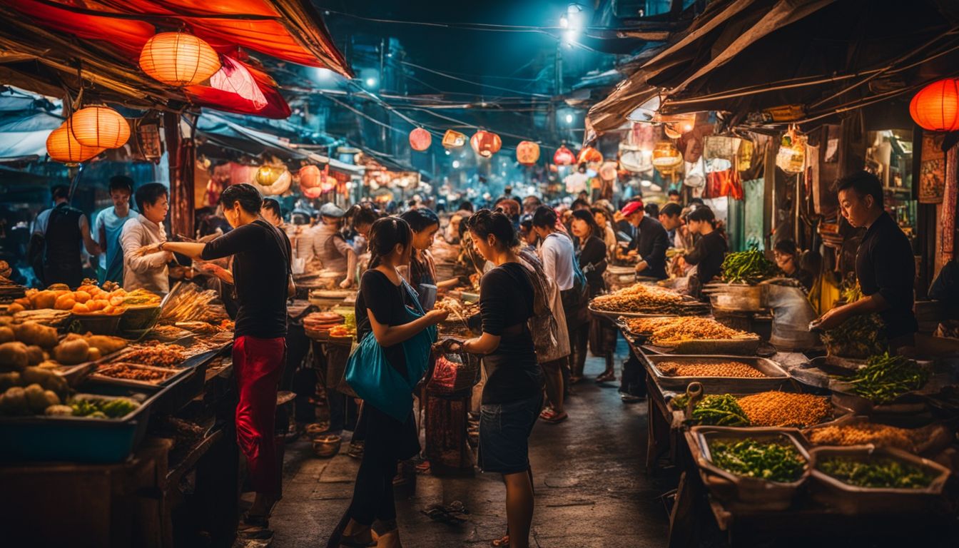 A vibrant Vietnamese street food market with locals and tourists enjoying traditional dishes.