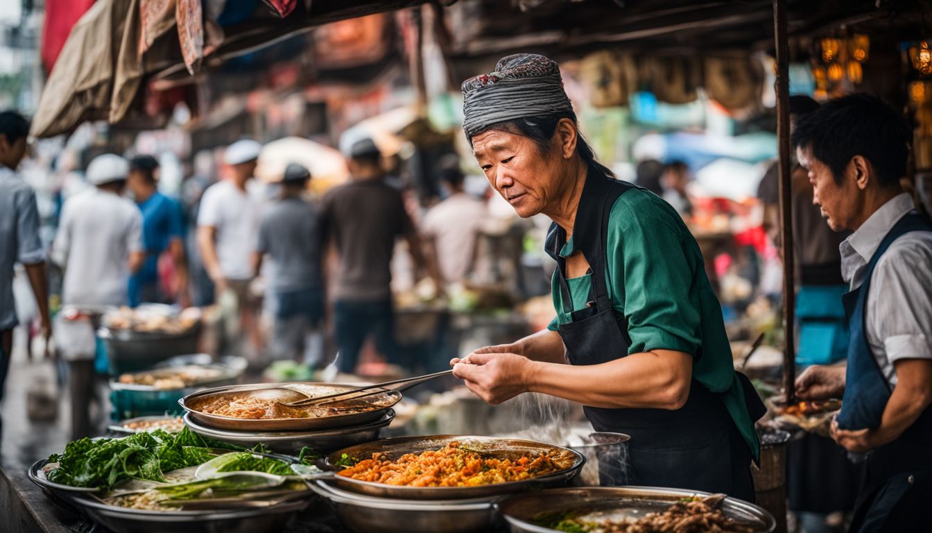 A street food vendor in a Vietnamese market, surrounded by bustling activity, sells traditional dishes.