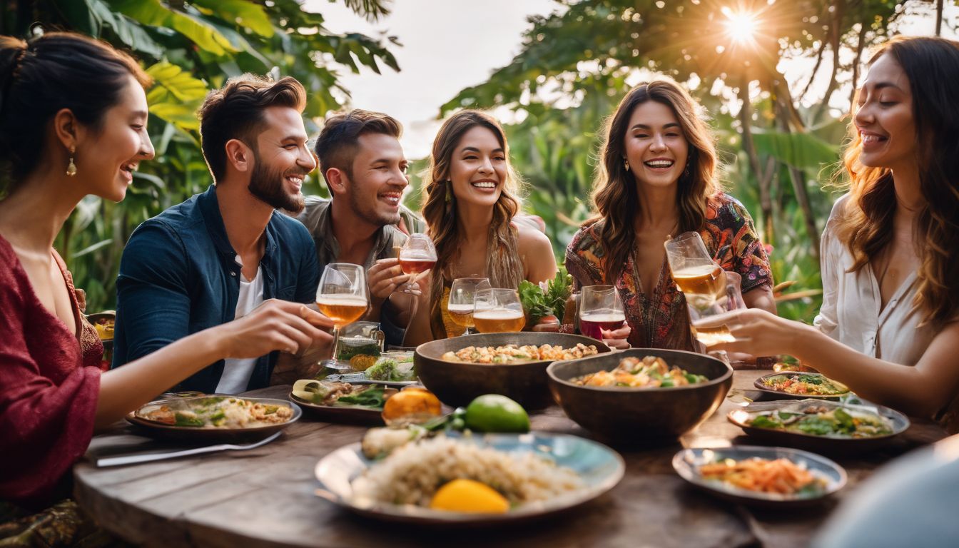 A group of friends enjoying a delicious Thai feast at an outdoor table.
