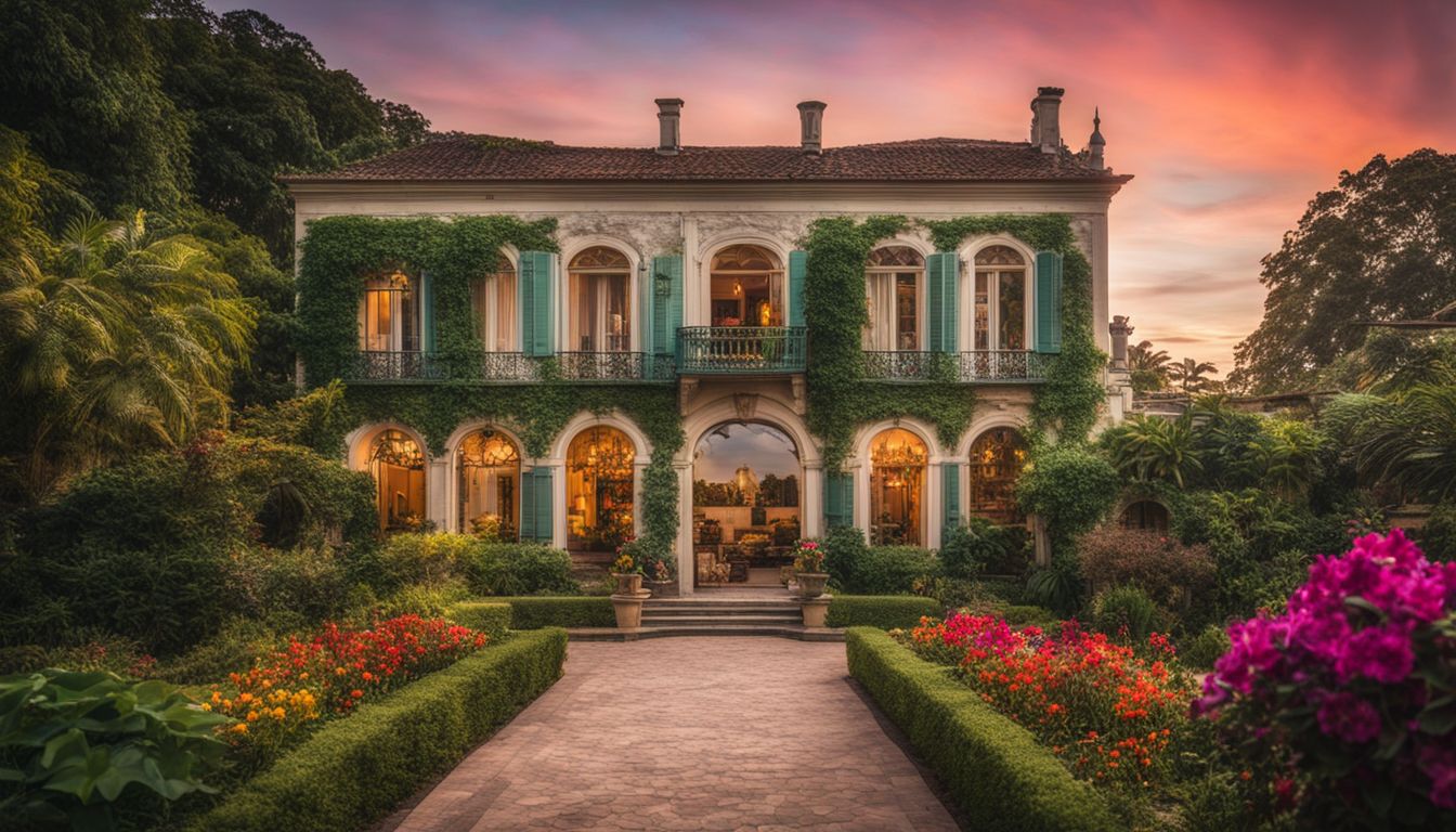 A photo of a vintage French colonial villa with a vibrant garden and diverse people.