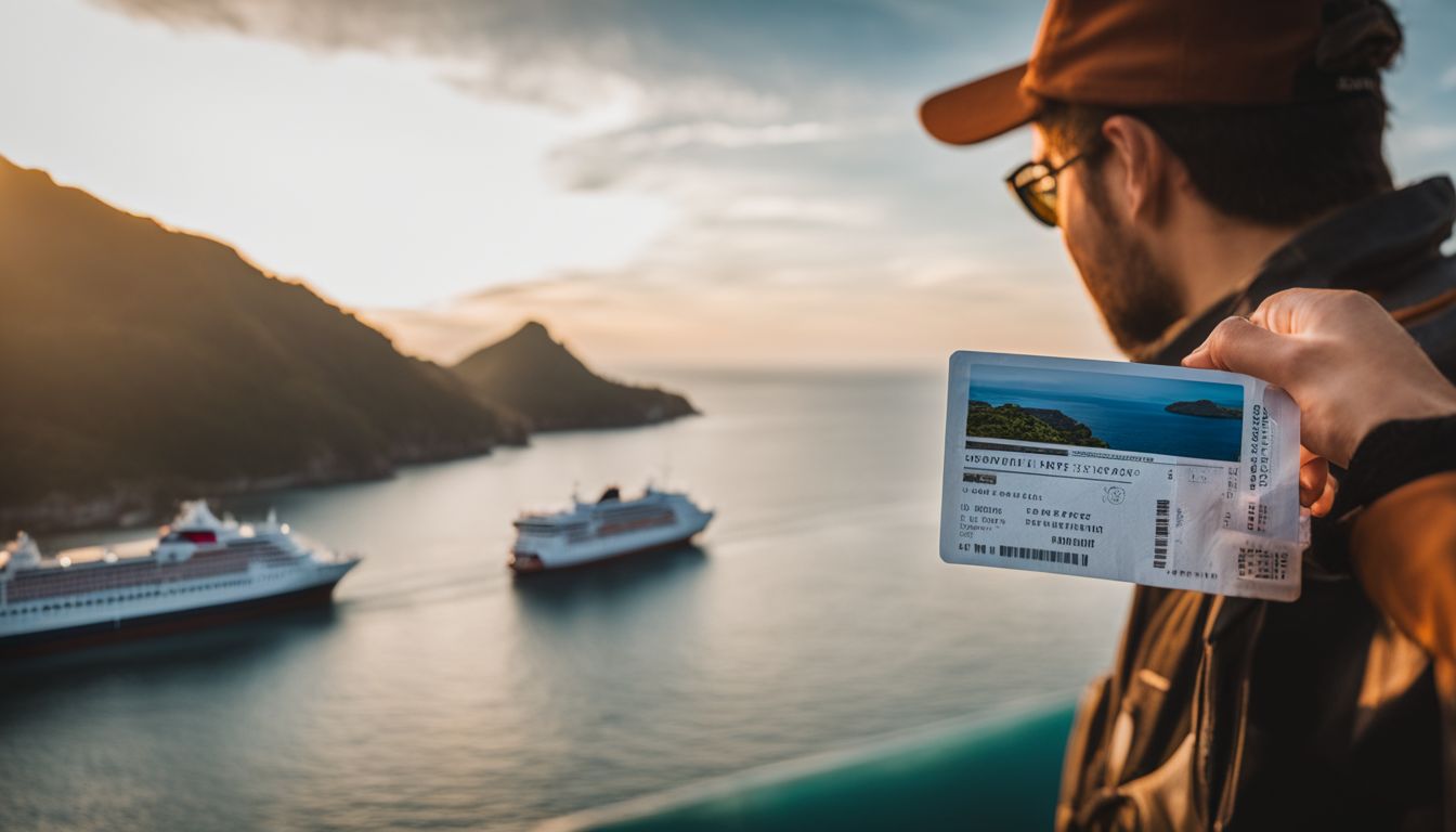 A tourist holds a ferry ticket with a view of the island in the background.