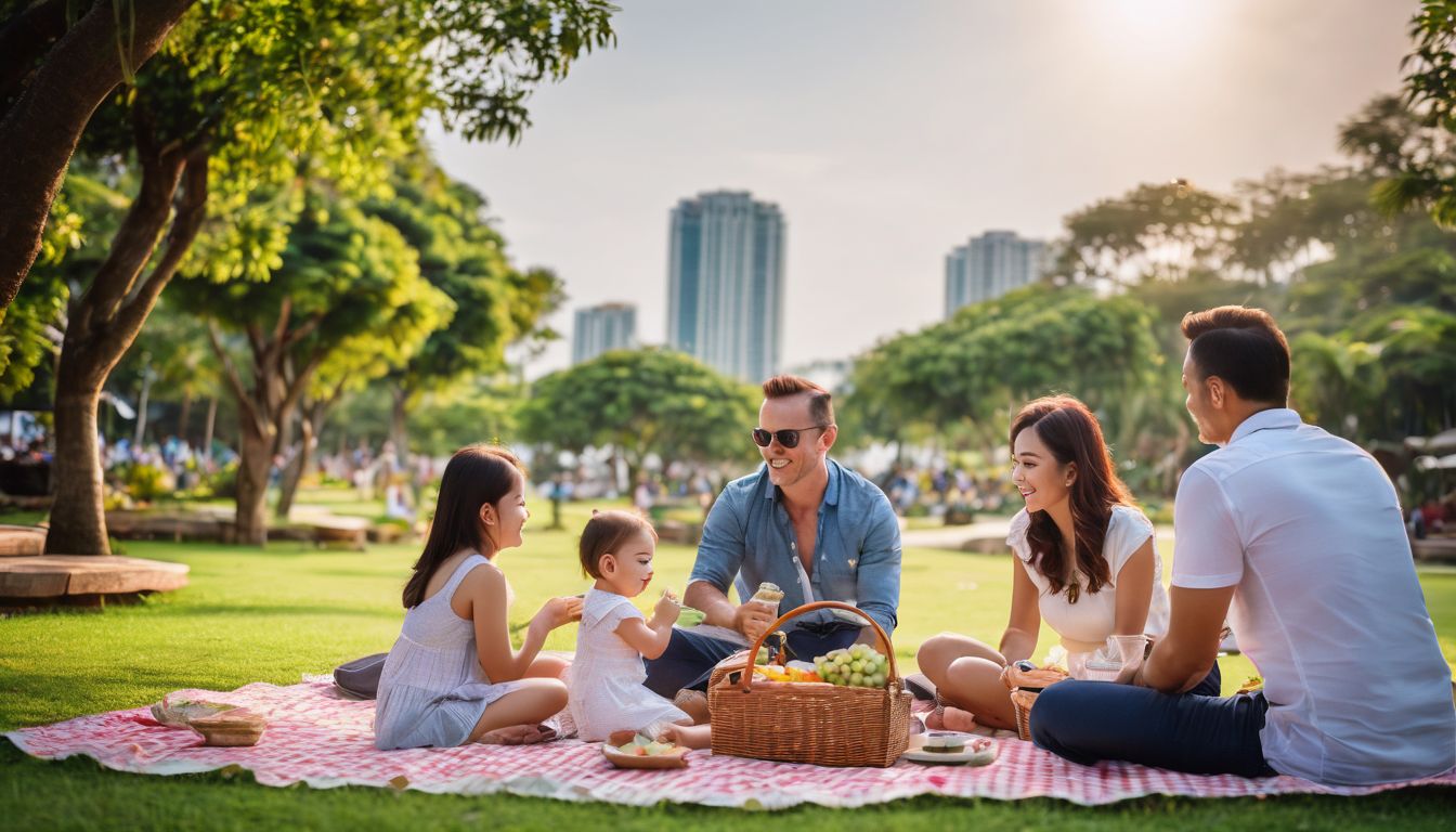 A diverse family enjoys a picnic in the beautiful gardens of Park Royal Pattaya.