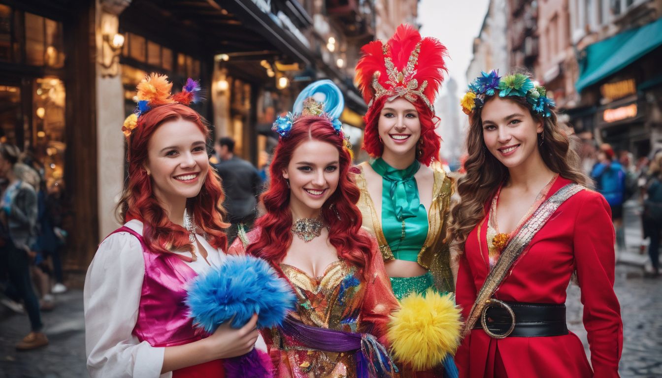 A group of friends in colorful costumes and silly props pose for a photo in a bustling cityscape.