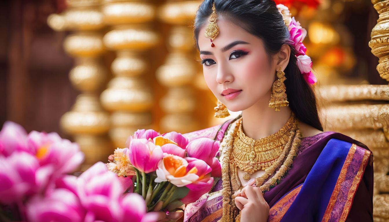 A young woman in traditional Thai attire offers flowers at a Ganesh shrine.