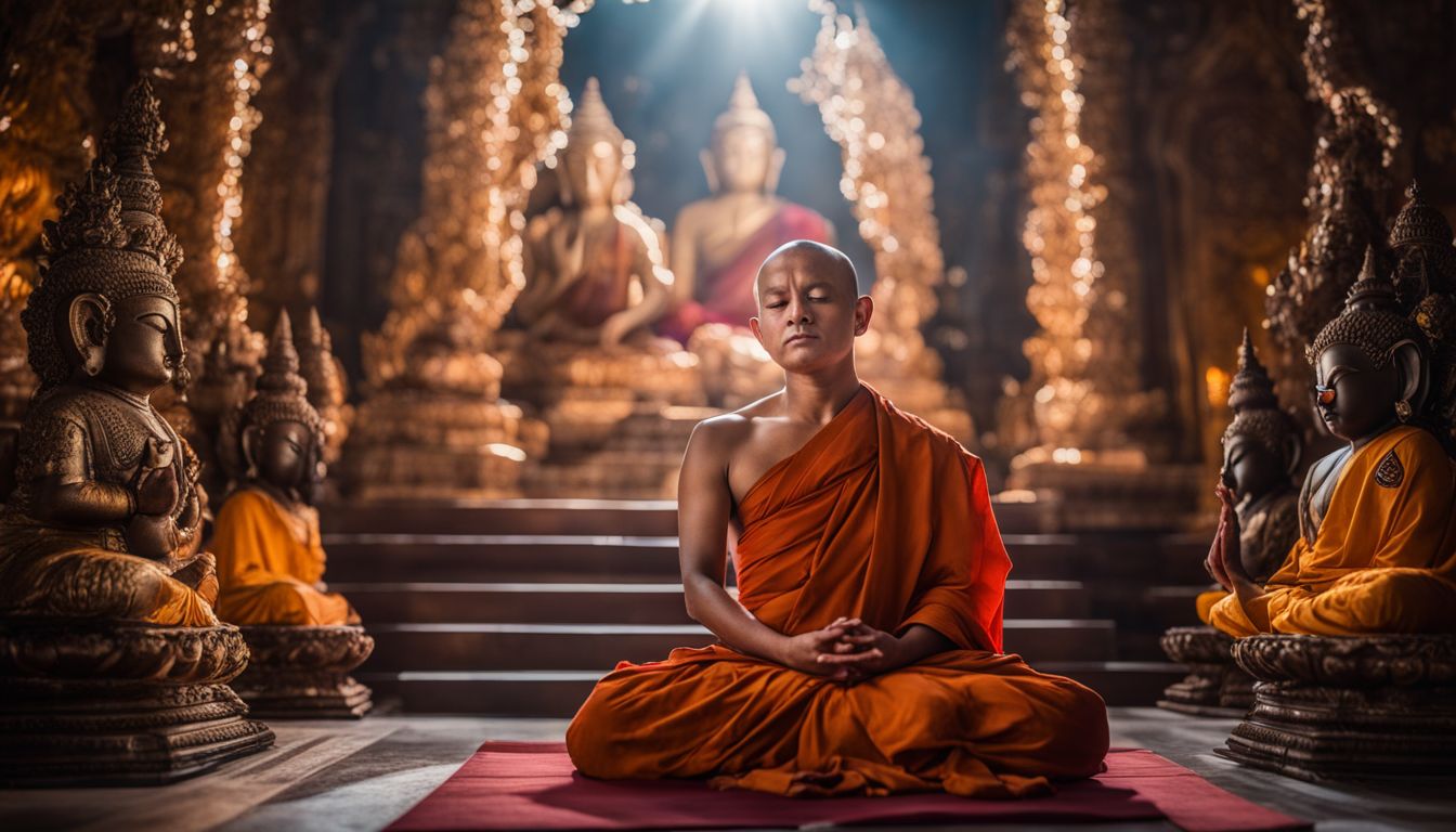 A Buddhist monk meditates in front of a stunning Ganesha statue in a bustling atmosphere.