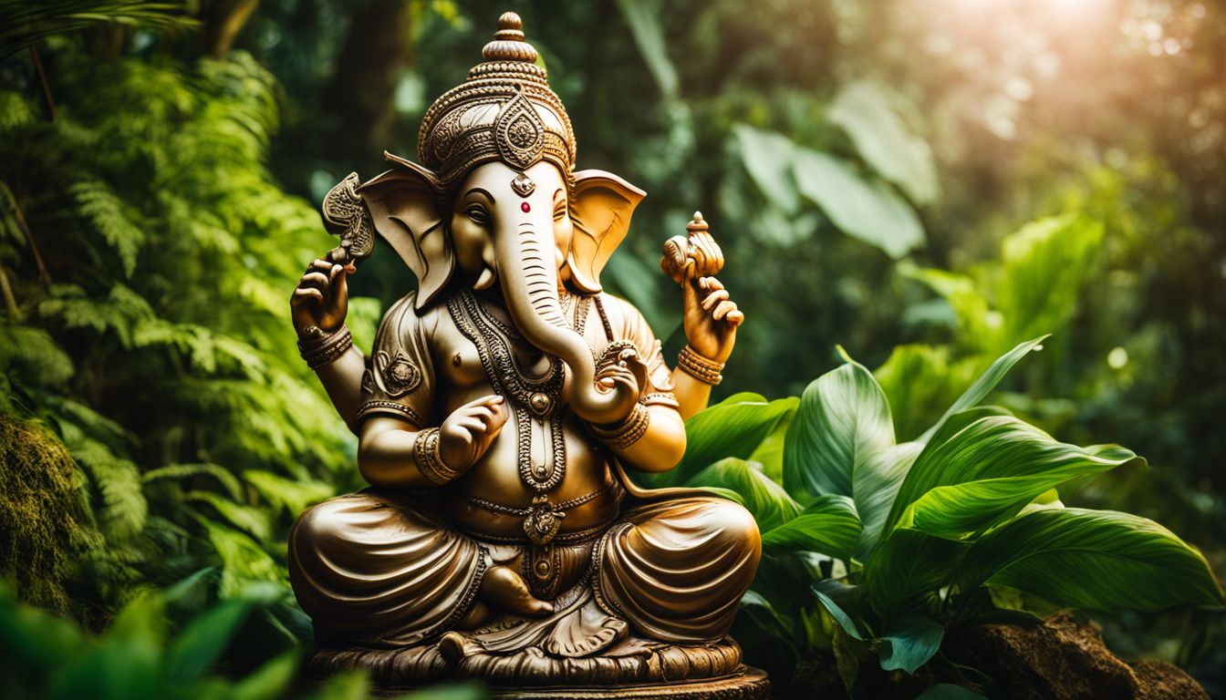The photo depicts a statue of Ganesha surrounded by lush greenery.
