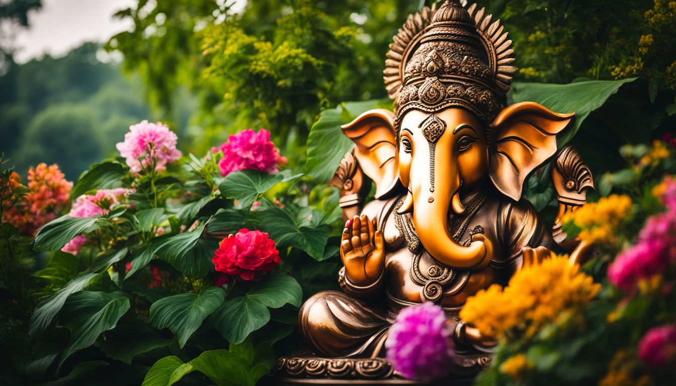 A photo of a Ganesha statue surrounded by vibrant flowers in a lush garden.