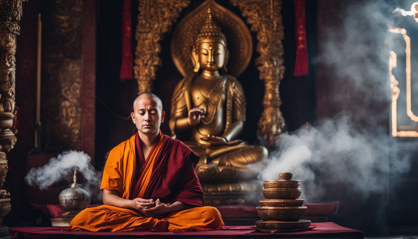 A Buddhist monk meditates in front of a Ganesha statue, surrounded by incense smoke, in a bustling atmosphere.