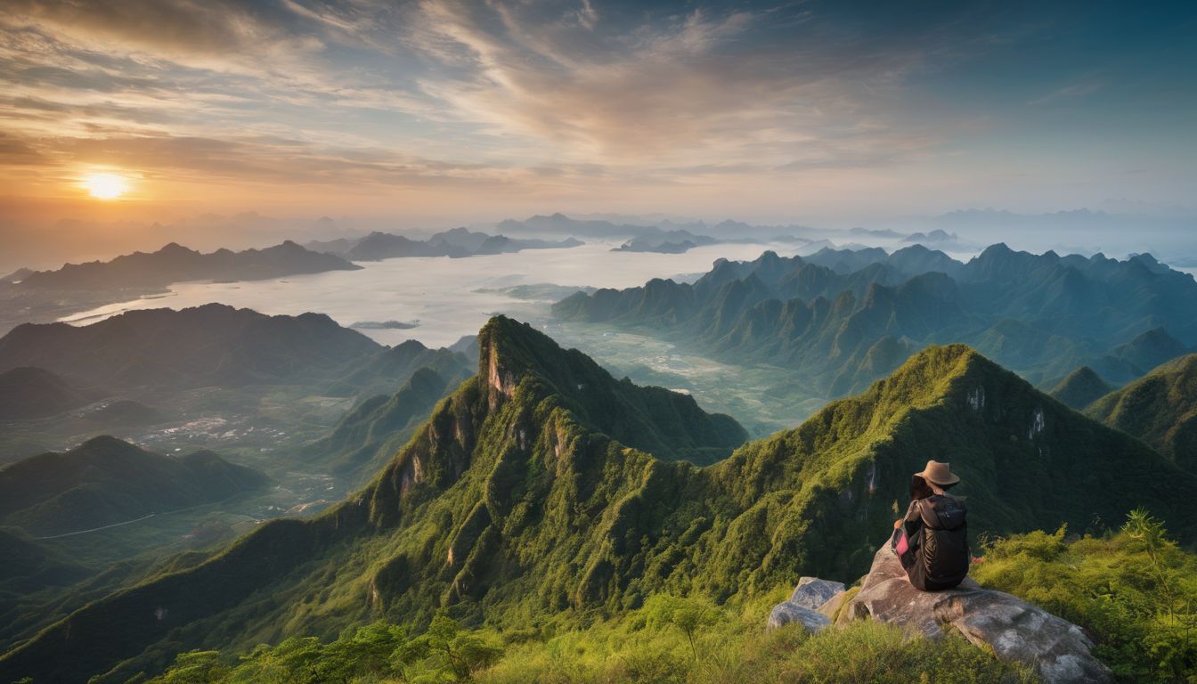 A person stands on a hilltop in Thailand, overlooking the scenic landscape and capturing it with a professional camera.