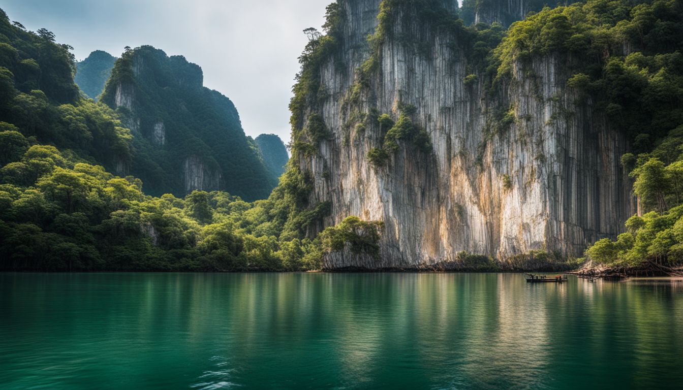 The photograph captures the stunning limestone cliffs of Trang province reflecting in calm waters.