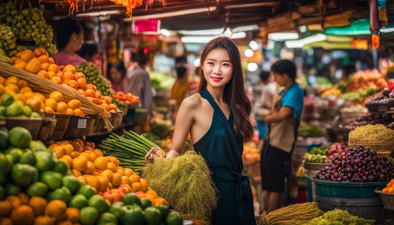 A photo of Charinee Oil Jitburus in a vibrant Thai market surrounded by local produce and bustling atmosphere.