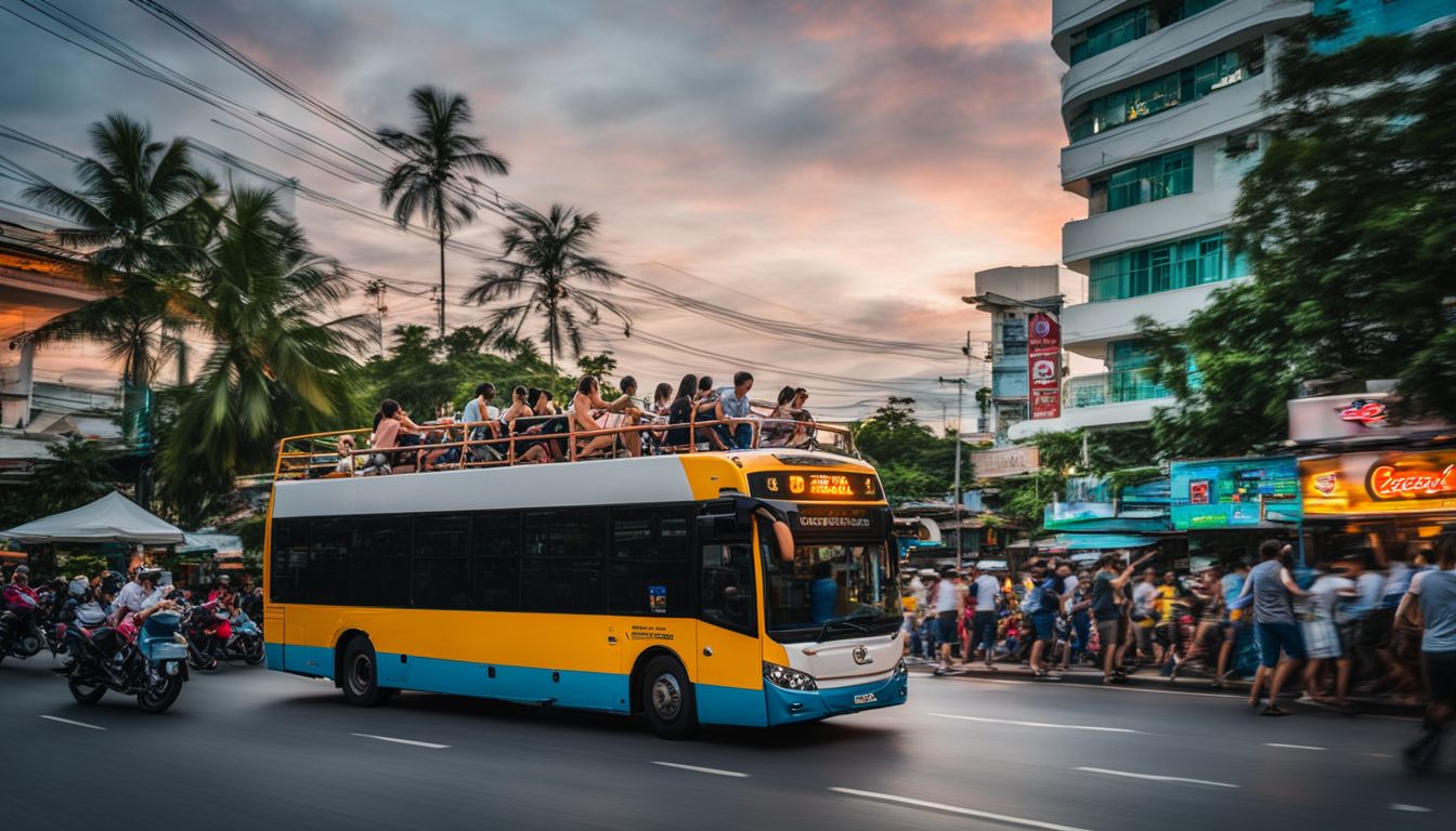 A baht bus filled with tourists drives through the vibrant streets of Pattaya.