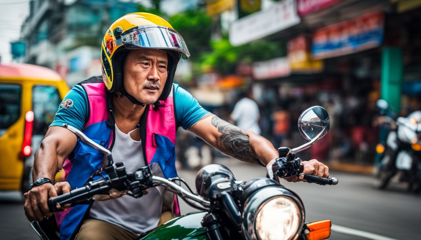A motorcycle taxi driver in Pattaya navigates through busy streets, showcasing various faces, hair styles, and outfits.
