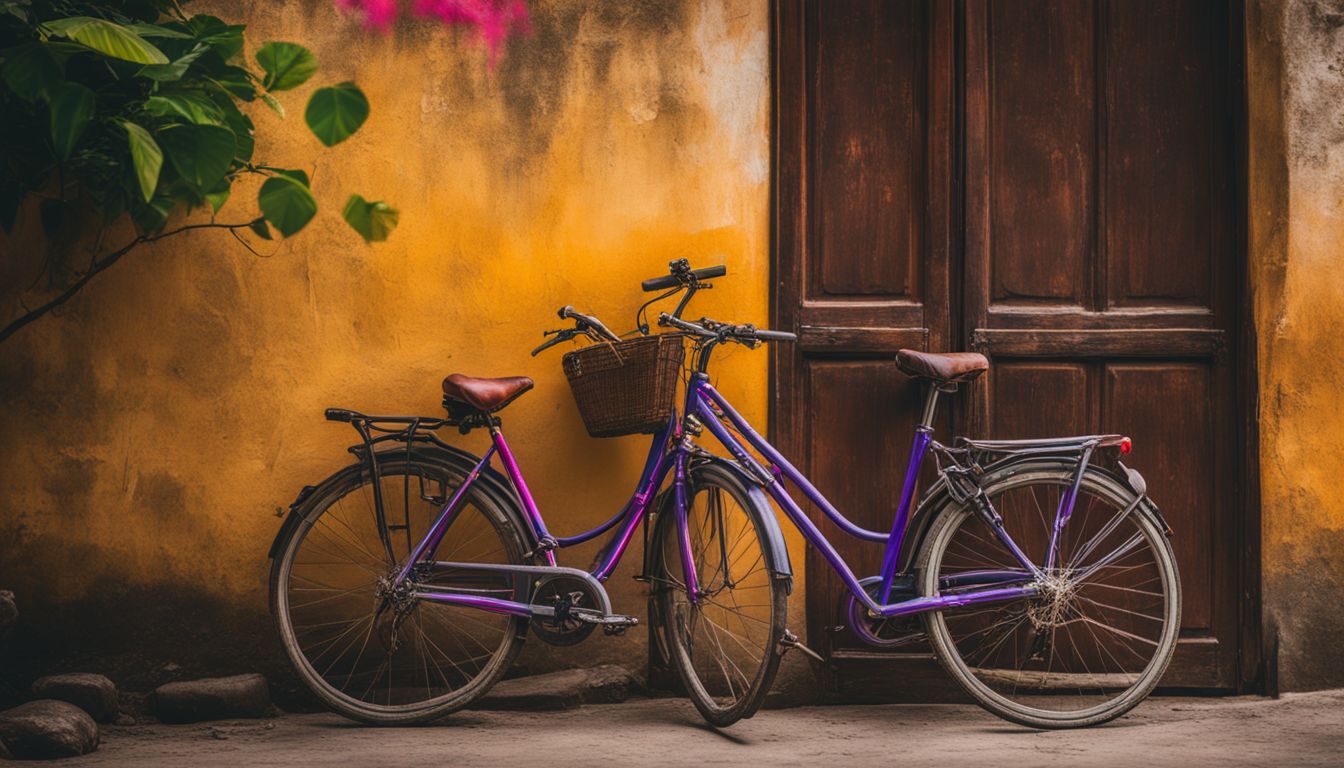 A vibrant bicycle stands against a rustic wall in a charming Vietnamese village, capturing the bustling atmosphere.