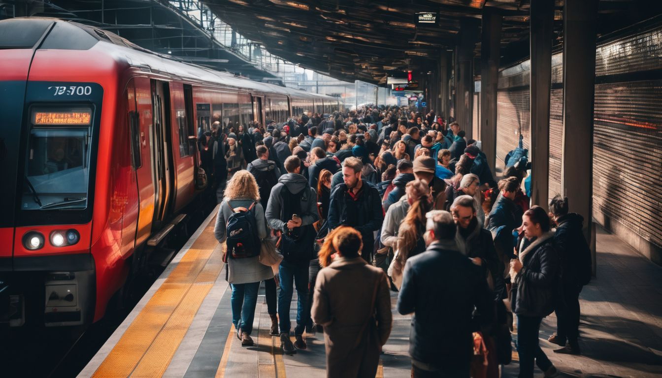 A crowded train platform with diverse individuals boarding and exiting trains in a bustling atmosphere.