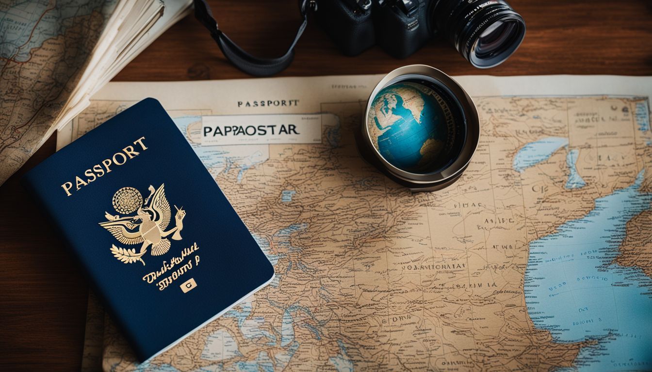 A collection of travel-related items surround a passport in a beautifully captured and vibrant photo.