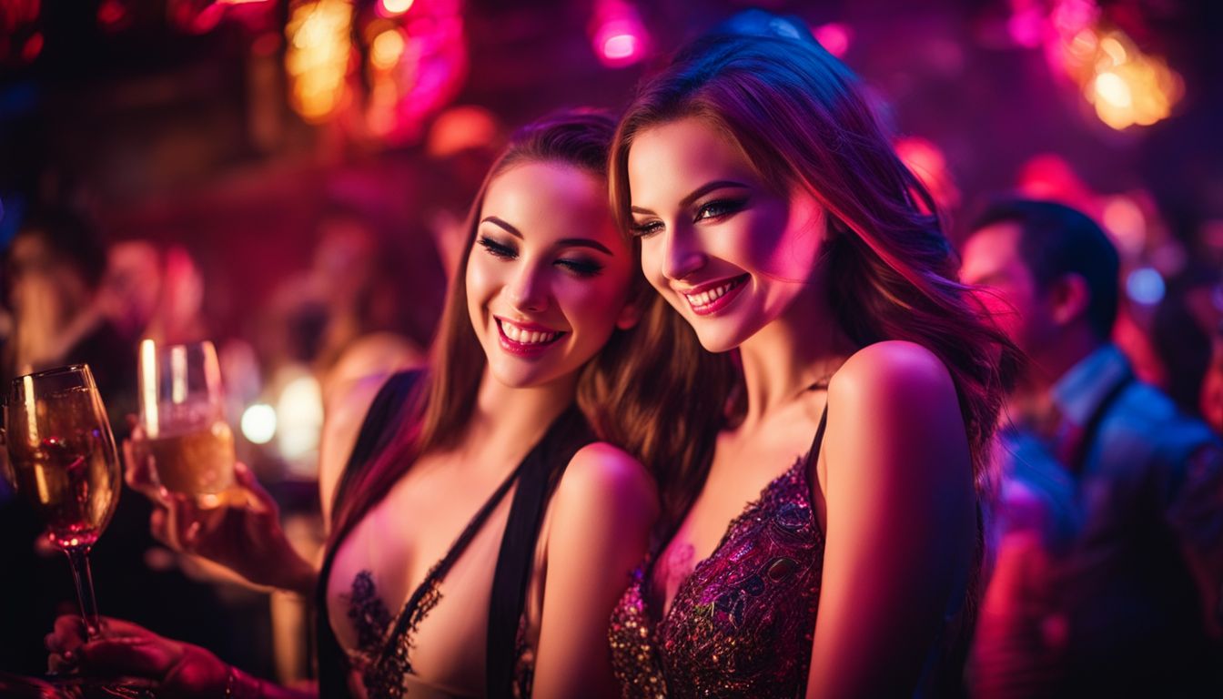 The photo depicts Girly bar girls dancing and interacting with customers in a lively nightlife setting.