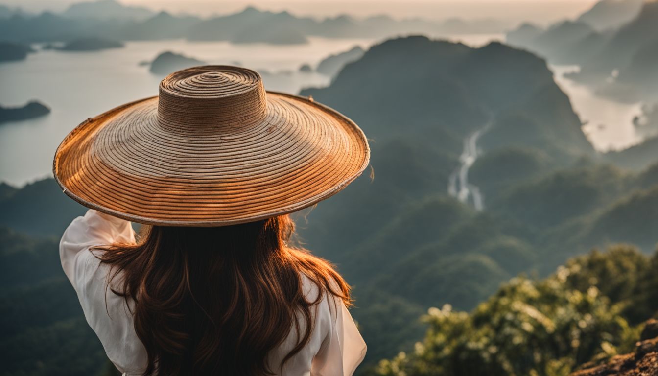 A woman in a traditional Vietnamese hat poses on a mountain cliff overlooking a stunning landscape.