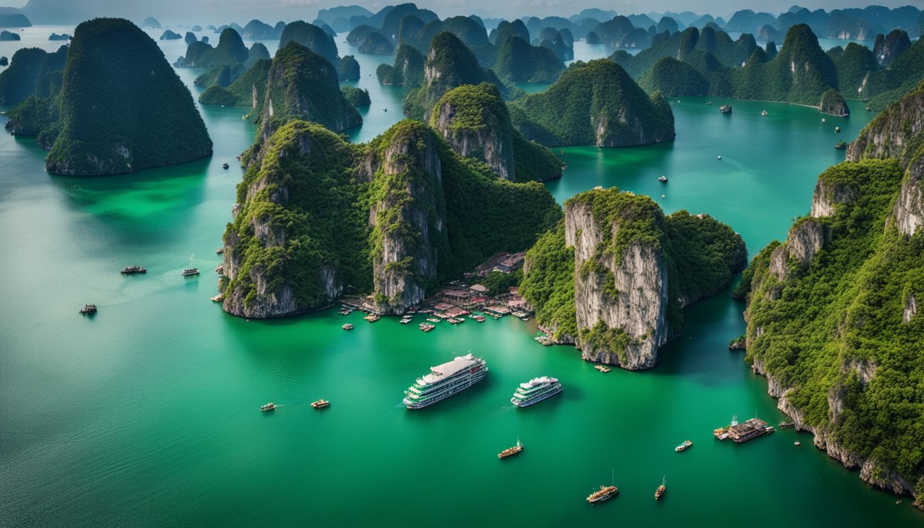 A breathtaking aerial view of Ha Long Bay, showcasing its limestone islands and emerald waters.