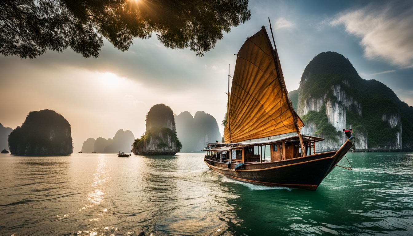A traditional Vietnamese fishing boat sails through the stunning limestone karsts of Halong Bay.