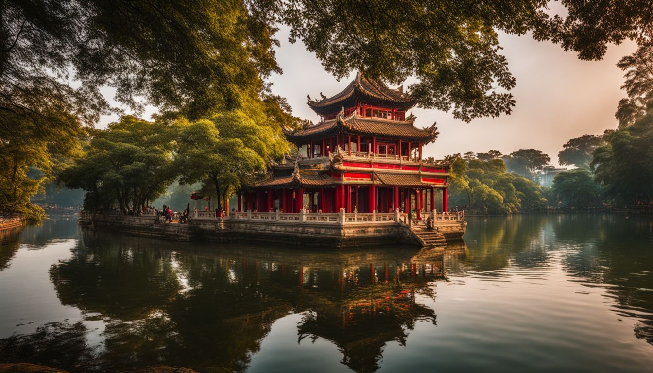 A stunning photo of Ngoc Son Temple reflecting on the tranquil waters of Hoan Kiem Lake.