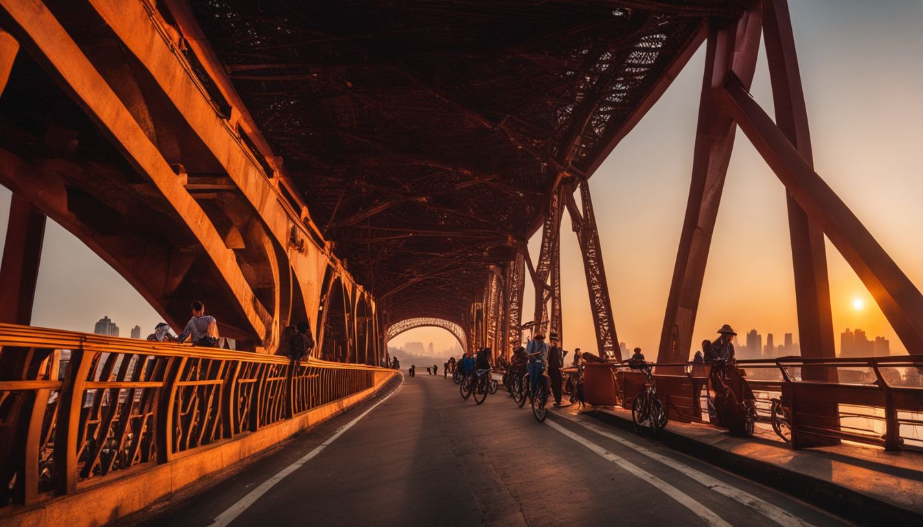A stunning photo of the Long Bien Bridge at sunset, capturing the bustling atmosphere and unique cityscape.