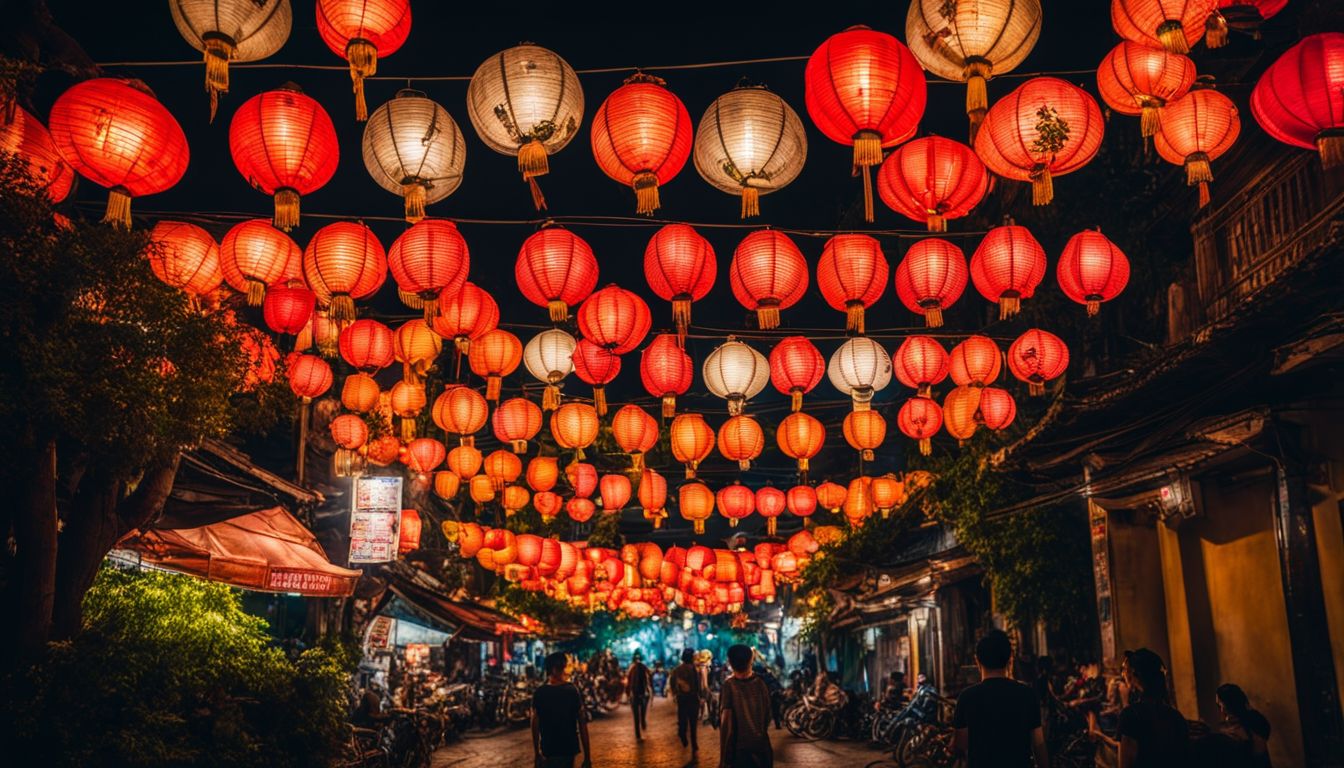 A photo of traditional Vietnamese lanterns hanging in the streets of Hanoi at night, capturing the bustling atmosphere and vibrant colors.