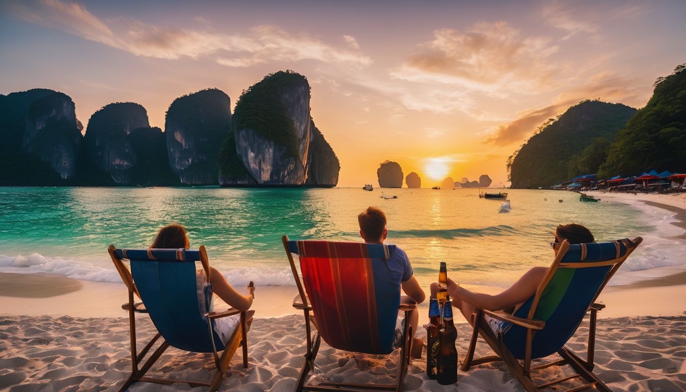 A group of friends enjoy a sunset beer on beach chairs, overlooking the beautiful Phi Phi islands.