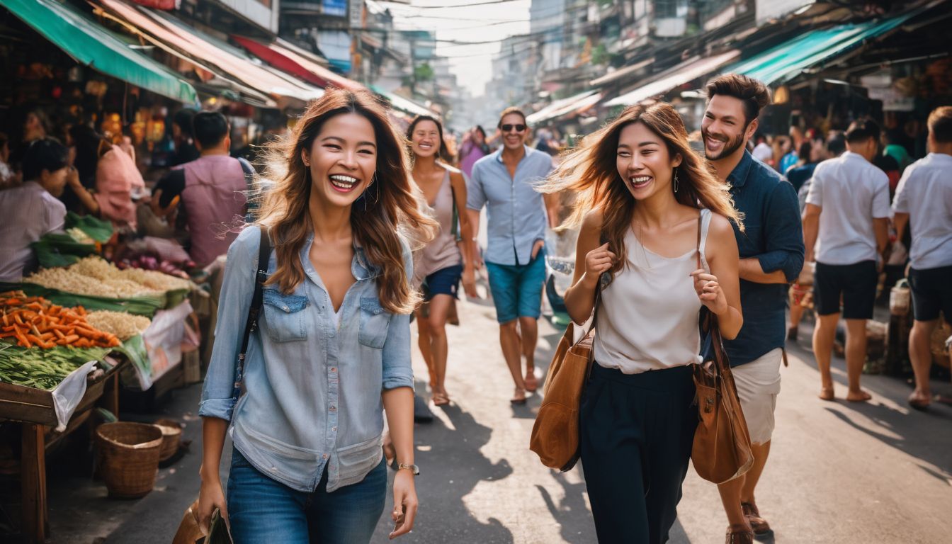 A diverse group of tourists enjoy their time together at a bustling Thai market.