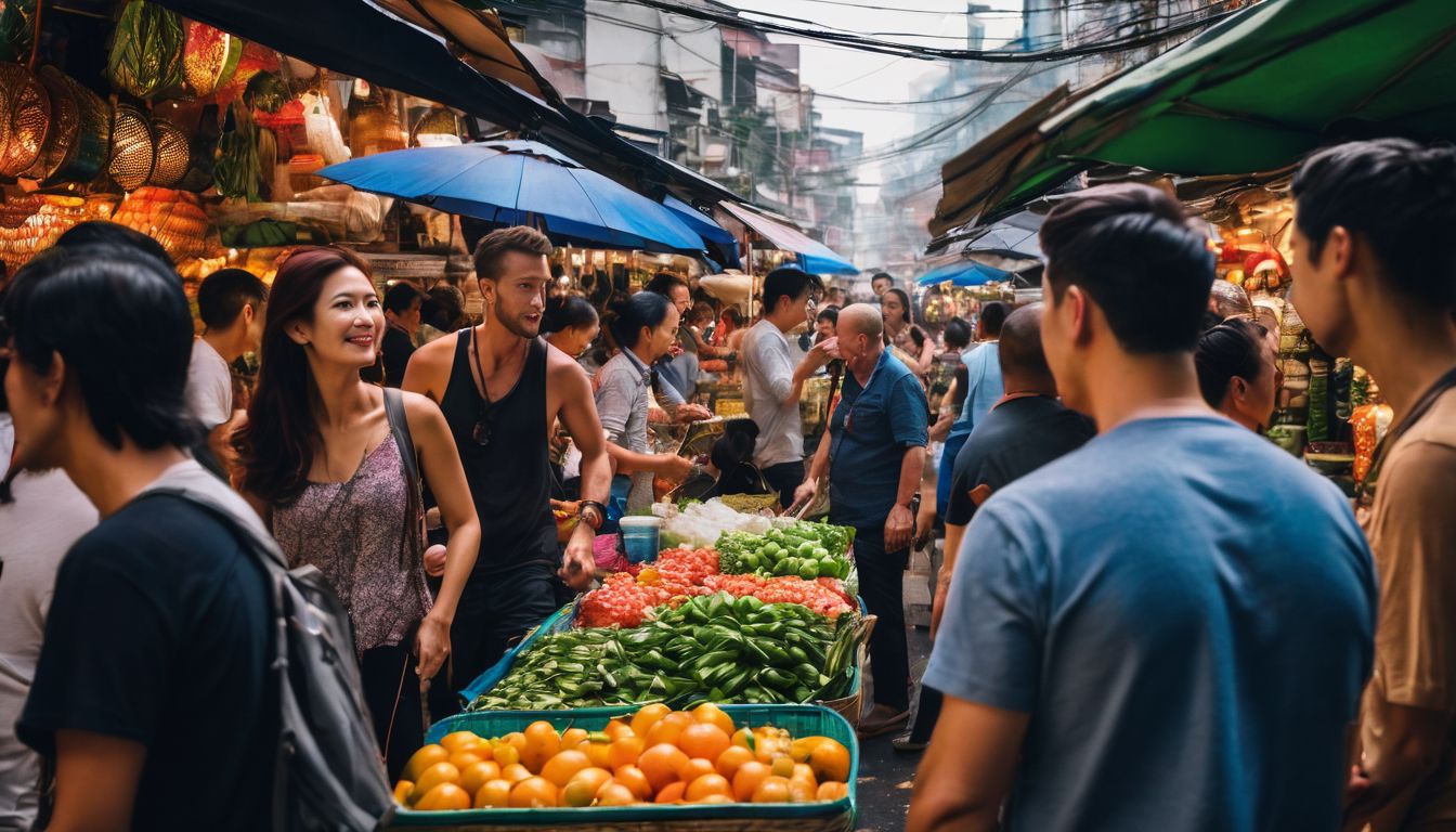 A group led by Hector I explores a vibrant Thai street market with various people and lively atmosphere.