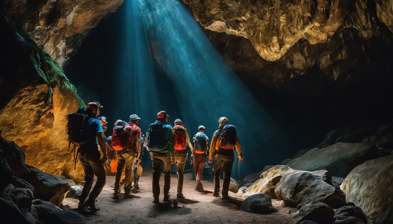 A group of explorers wearing headlamps navigate through a narrow passage inside Tu Lan Cave.