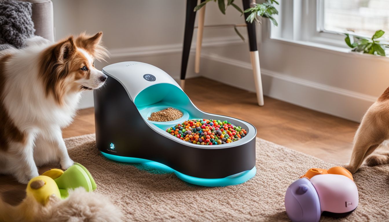 A smart pet feeder surrounded by various pet toys and wildlife photography.