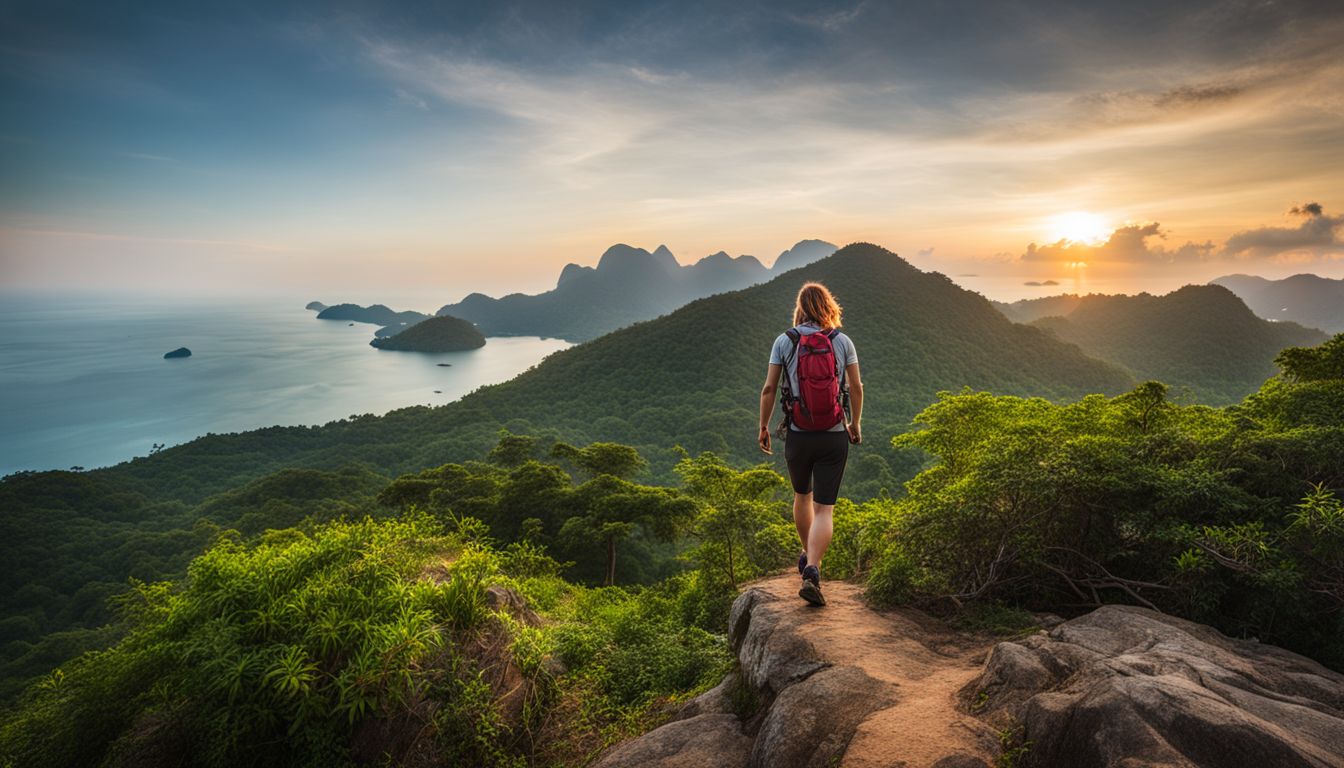A hiker explores the lush mountain trails with stunning views of the Andaman Sea on Koh Pu.