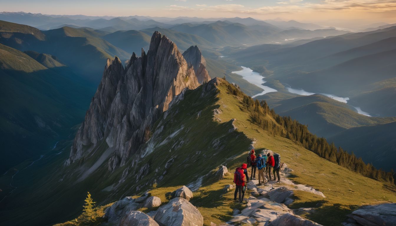 A diverse group of hikers captures the stunning landscape on a rocky viewpoint.