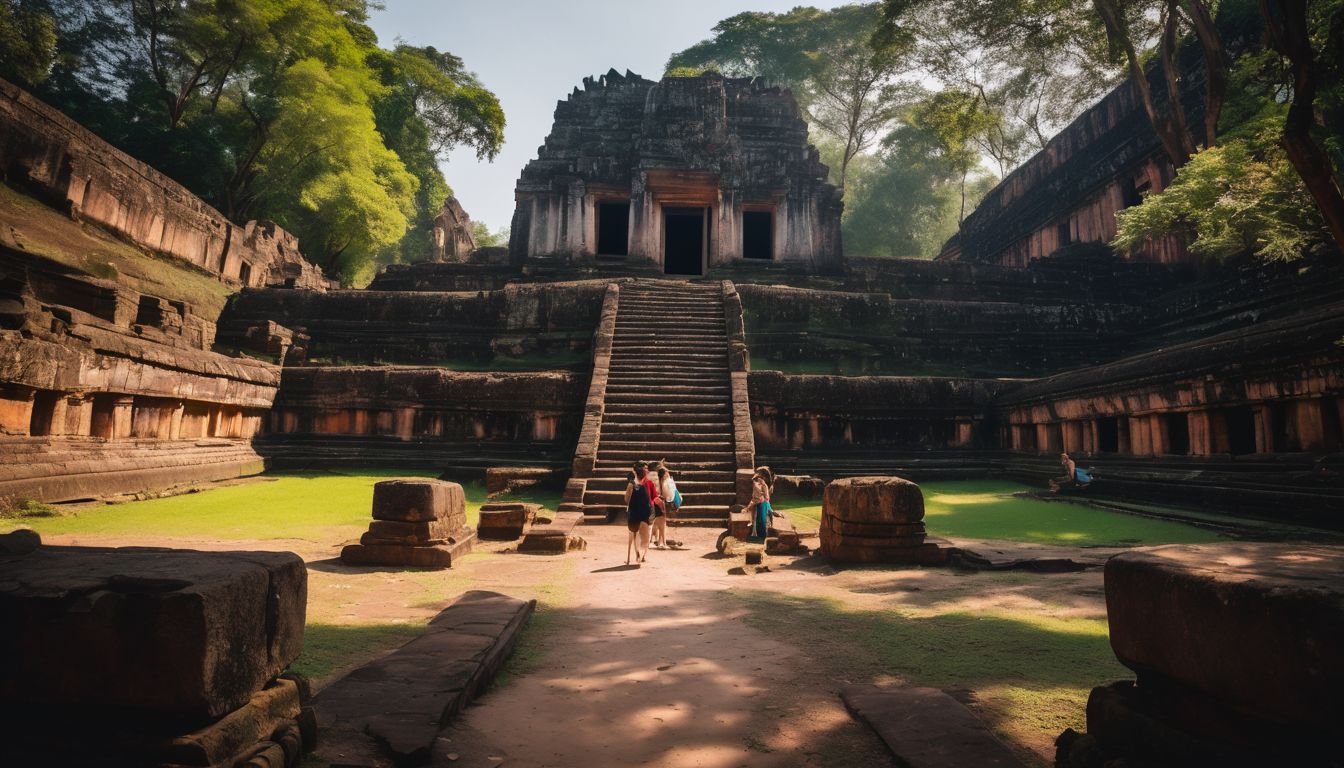 A group of tourists explores the ancient ruins of Kamphaeng Phet Historical Park in a bustling atmosphere.